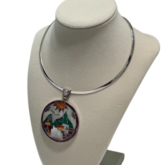 Peruvian 950 Sterling Silver Pendant | Handcrafted Mosaic Inlay natural stone - Picture 5 of 7